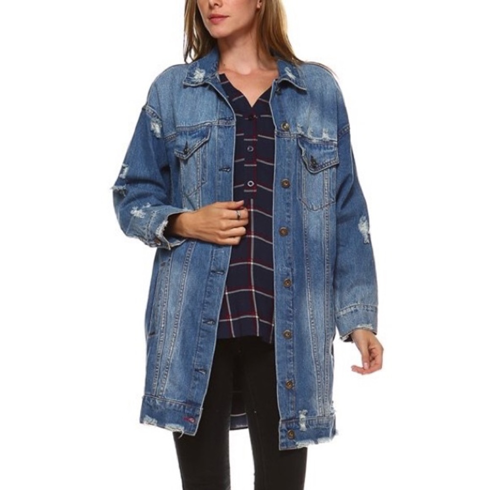 Oversized distressed denim jacket